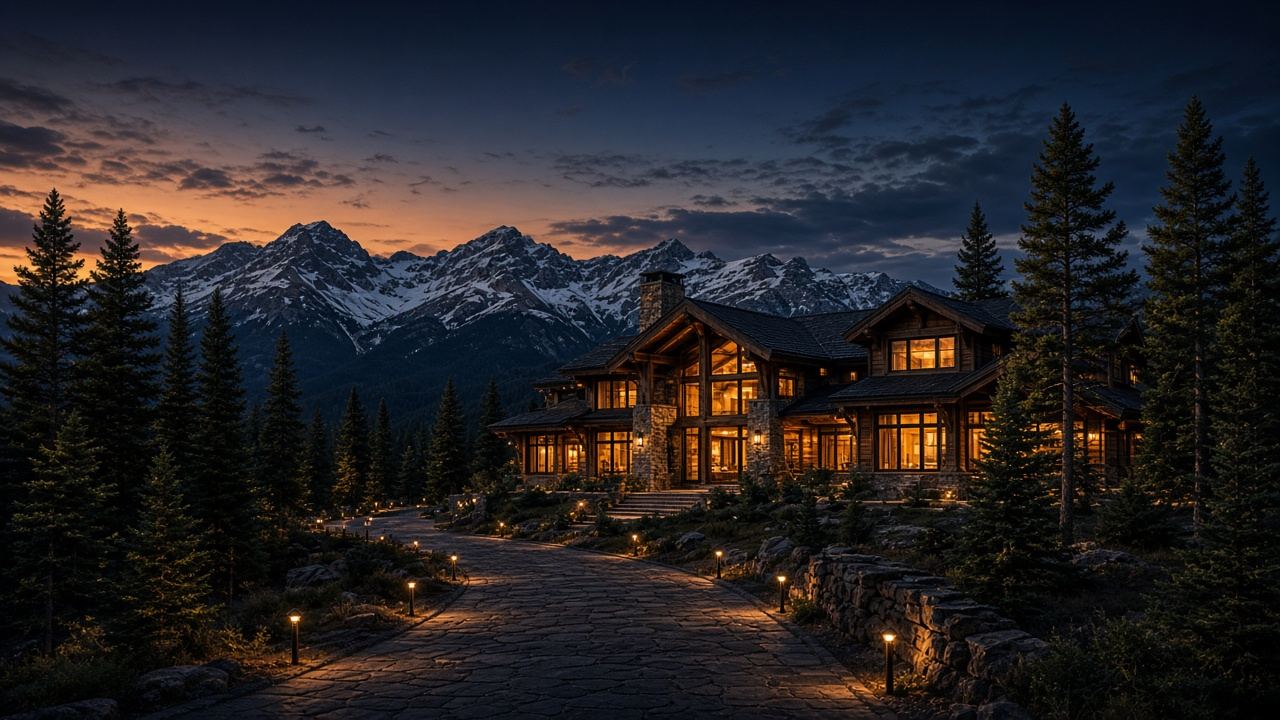 Luxury mountain estate home at dusk